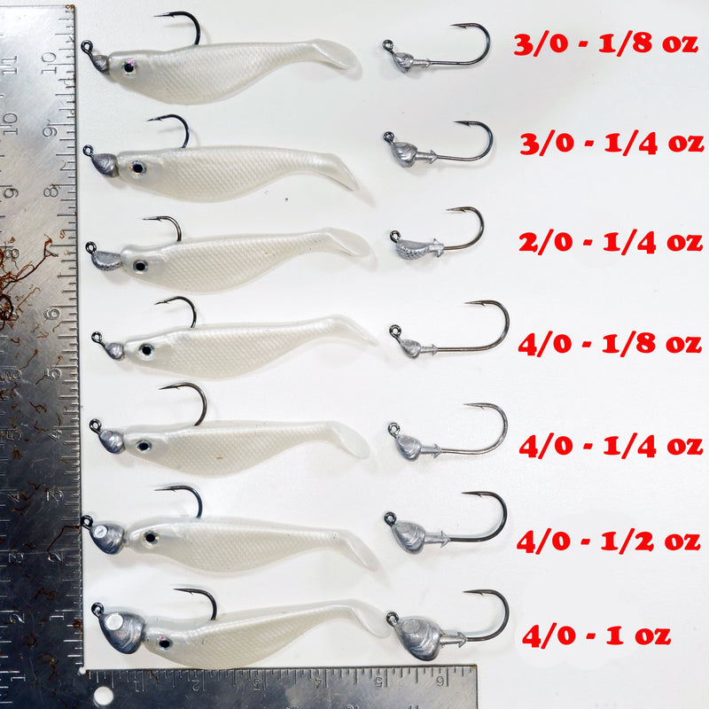 NEW (PEARL) 4" Paddletail Soft Plastic (qty 20 or 40) + AATB Jighead (qty 5 or 10) JIGHEAD COMBO PACK.  FREE SHIPPING.