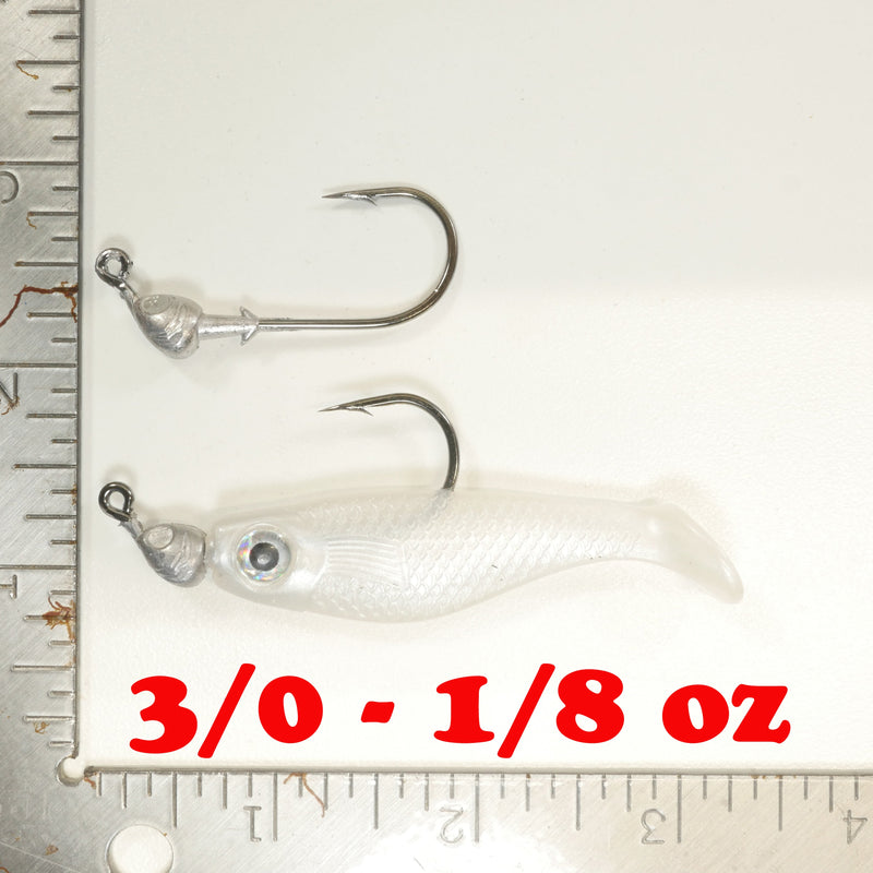 NEW (Pearl) 2 5/8" Paddletail Soft Plastic (qty 20 or 40) + AATB Jighead (qty 5 or 10) + Eye Pack - COMBO PACK .  FREE SHIPPING.