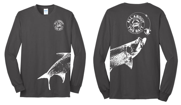 (NEW) (size 6XL)(FREE MASK) Blue Crab With Tarpon.  Long Sleeve Shirt Charcoal/White - (FREE SHIPPING)