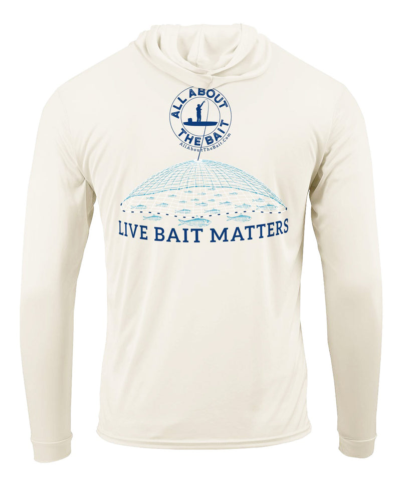 (FREE MASK) LIVE BAIT MATTERS HOODED - SAND - 50+ UPF - Long Sleeve Performance Shirt - 100% Polyester - FREE DELIVERY