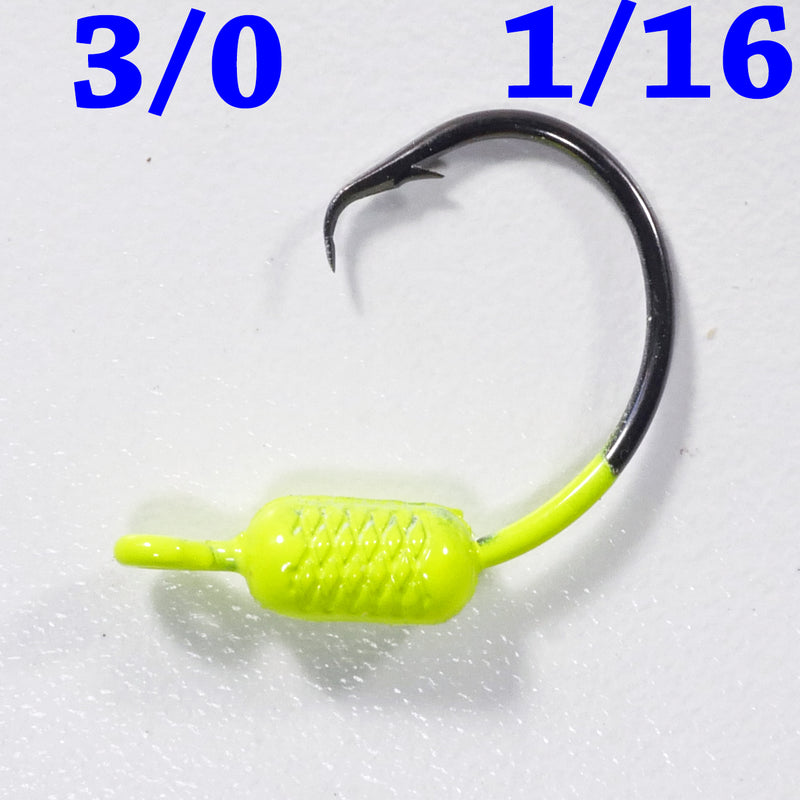 CHARTREUSE: 3/0 PAINTED MUSTAD WEIGHTED CIRCLE HOOK JIGS