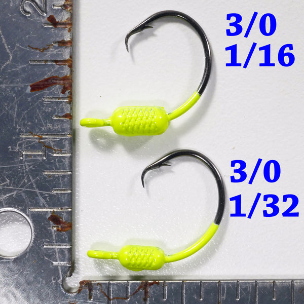 CHARTREUSE: 3/0 PAINTED MUSTAD WEIGHTED CIRCLE HOOK JIGS – All About The Bait