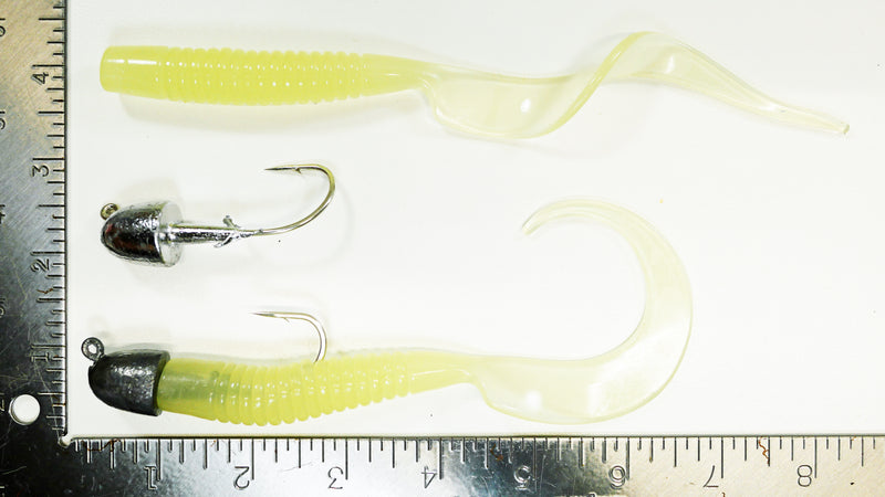GROUPER RIG - 1.5 oz BULLETHEAD JIGHEAD (qty 2 or 6) WITH 8 CURLY TAIL  GRUB (qty 10 or 20) GLOW, PINK, WHITE and CHARTREUSE.
