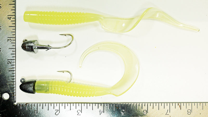 GROUPER RIG - 1 oz BULLETHEAD JIGHEAD (qty 2 or 6) WITH 8" GLOW CURLY TAIL GRUB (qty 10 or 20)