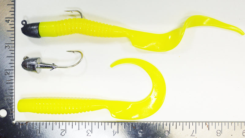 GROUPER RIG - 1 oz BULLETHEAD JIGHEAD (qty 2 or 6) WITH 8" GLOW CURLY TAIL GRUB (qty 10 or 20)