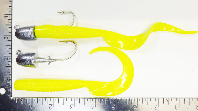 GROUPER RIG - 2.0 oz BULLETHEAD JIGHEAD (qty 2 or 6) WITH 8" CURLY TAIL GRUB (qty 10 or 20) GLOW, PINK, WHITE and CHARTREUSE.