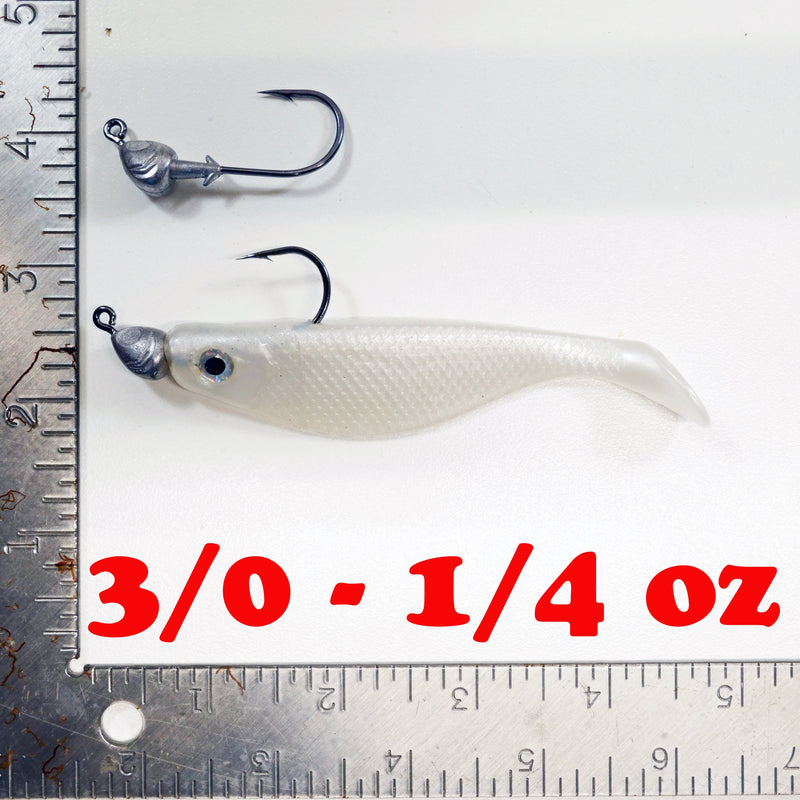 NEW (PEARL) 4" Paddletail Soft Plastic (qty 20 or 40) + AATB Jighead (qty 5 or 10) + Eye Pack - COMBO PACK .  FREE SHIPPING.