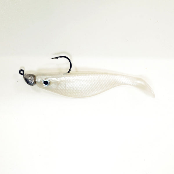 NEW (PEARL) 4" Paddletail Soft Plastic (qty 20 or 40) + AATB Jighead (qty 5 or 10) + Eye Pack - COMBO PACK .  FREE SHIPPING.