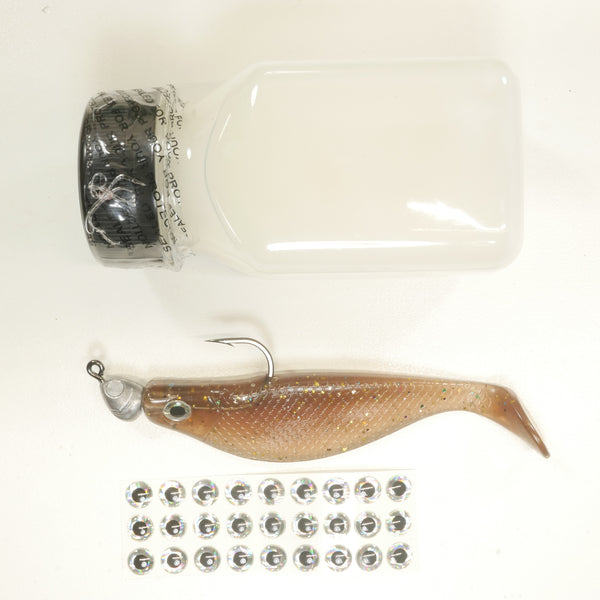 NEW (ROOTBEER) 4" Paddletail Soft Plastic (qty 20 or 40) + AATB Jighead (qty 5 or 10) + Eye Pack + Eye Dip - COMBO PACK .  FREE SHIPPING.