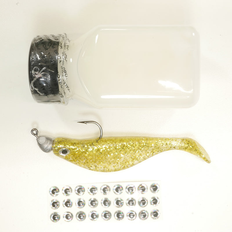 NEW (GOLD) 4" Paddletail Soft Plastic (qty 20 or 40) + AATB Jighead (qty 5 or 10) + Eye Pack + Eye Dip - COMBO PACK .  FREE SHIPPING.