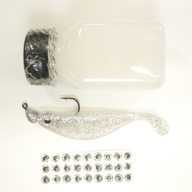 NEW (SILVER) 4" Paddletail Soft Plastic (qty 20 or 40) + AATB Jighead (qty 5 or 10) + Eye Pack + Eye Dip - COMBO PACK .  FREE SHIPPING.