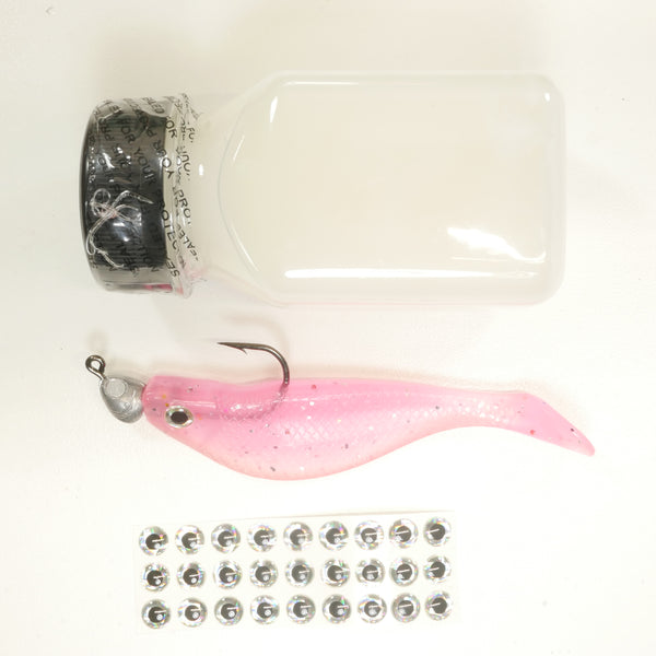 NEW (PINK) 4" Paddletail Soft Plastic (qty 20 or 40) + AATB Jighead (qty 5 or 10) + Eye Pack + Eye Dip - COMBO PACK .  FREE SHIPPING.