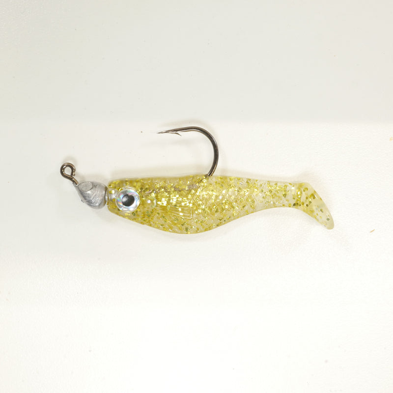 NEW (GOLD) 2 5/8" Paddletail Soft Plastic (qty 20 or 40) + AATB Jighead (qty 5 or 10) + Eye Pack + Eye Dip - COMBO PACK .  FREE SHIPPING.