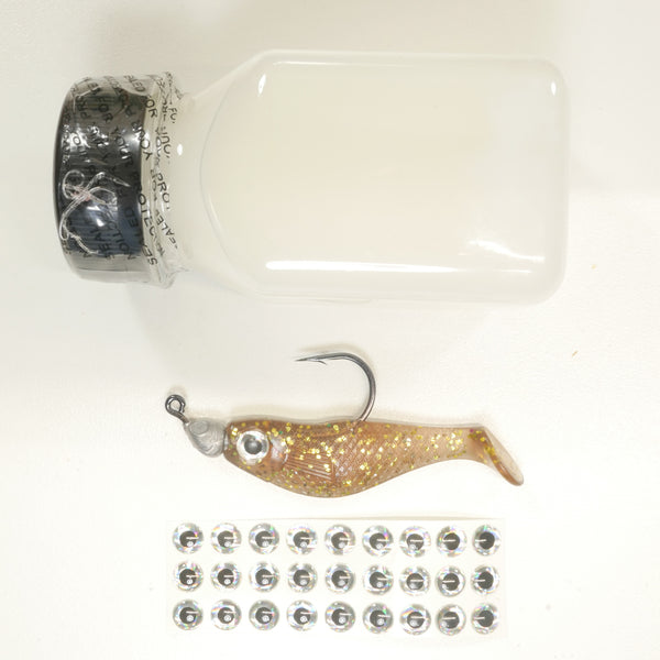 NEW (ROOTBEER) 2 5/8" Paddletail Soft Plastic (qty 20 or 40) + AATB Jighead (qty 5 or 10) + Eye Pack + Eye Dip - COMBO PACK .  FREE SHIPPING.