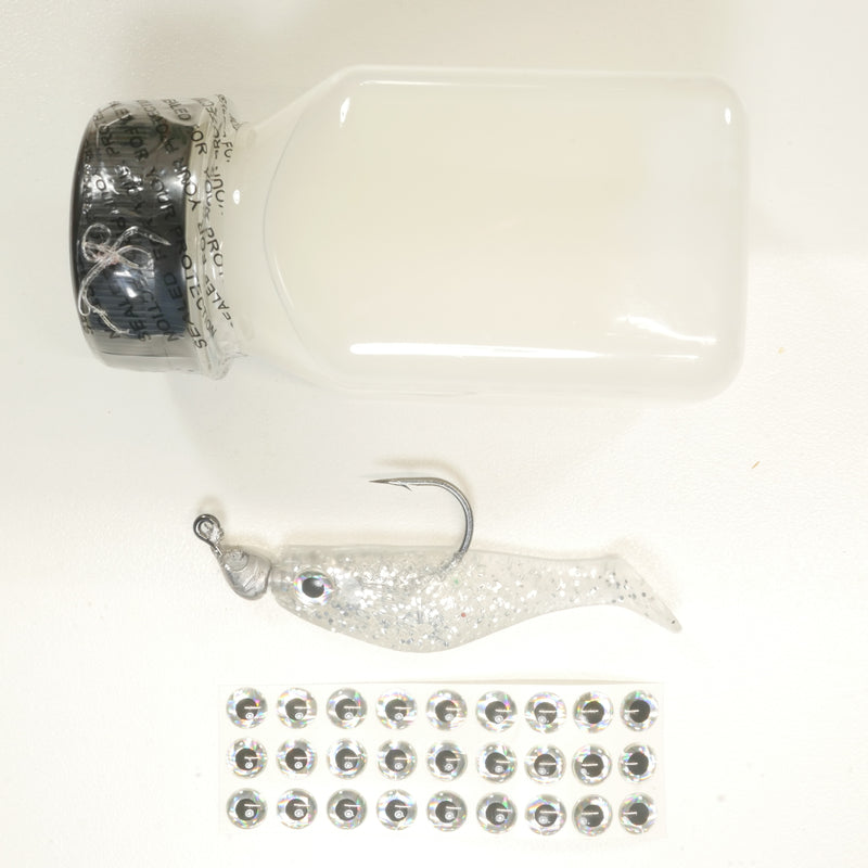 NEW (SILVER) 2 5/8" Paddletail Soft Plastic (qty 20 or 40) + AATB Jighead (qty 5 or 10) + Eye Pack + Eye Dip - COMBO PACK .  FREE SHIPPING.