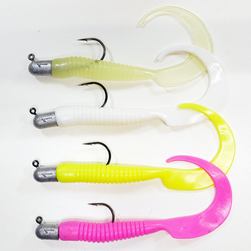 GROUPER RIG - 1 oz Mustad 32786 BULLETHEAD JIGHEAD (qty 2 or 6) WITH 8" CURLY TAIL GRUB (qty 10 or 20)