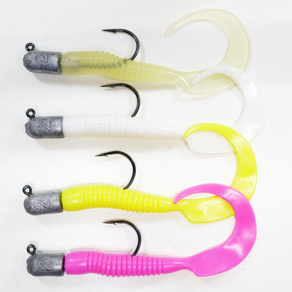 GROUPER RIG - 2 oz Mustad 32786 BULLETHEAD JIGHEAD (qty 2 or 6) WITH 8" GLOW CURLY TAIL GRUB (qty 10 or 20)