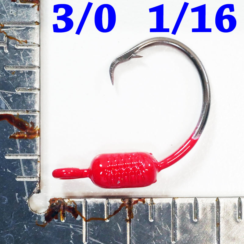 RED: 3/0 PAINTED MUSTAD WEIGHTED CIRCLE HOOK JIGS