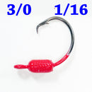 RED: 3/0 PAINTED MUSTAD WEIGHTED CIRCLE HOOK JIGS