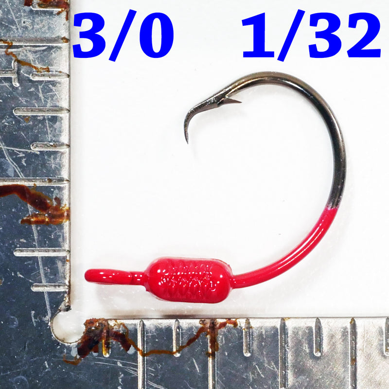 RED: 3/0 PAINTED MUSTAD WEIGHTED CIRCLE HOOK JIGS