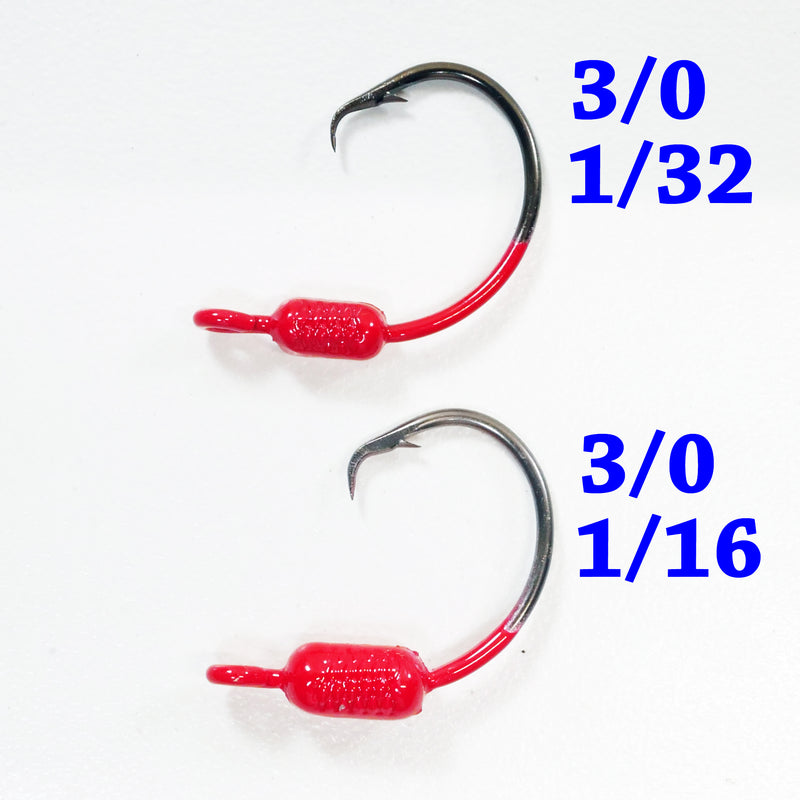 RED: 3/0 PAINTED MUSTAD WEIGHTED CIRCLE HOOK JIGS