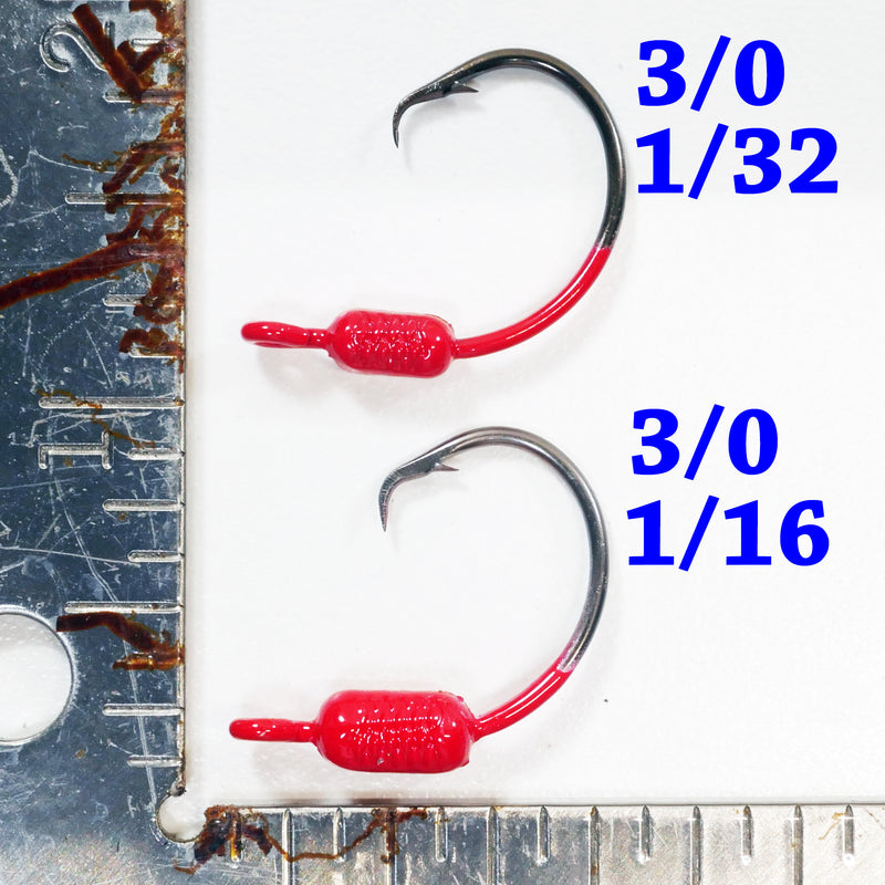 RED: 3/0 PAINTED MUSTAD WEIGHTED CIRCLE HOOK JIGS