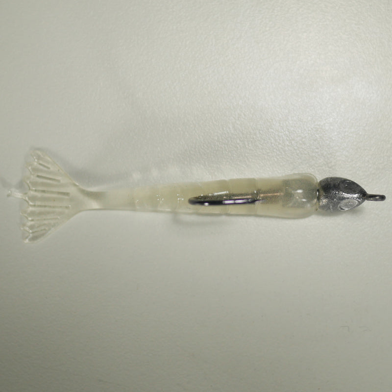 1/4 oz - 3/0 FISH HEAD JIGHEAD (qty 5) + AATB / Esky 3" Soft Plastic Shrimp (qty 25) - GLOW