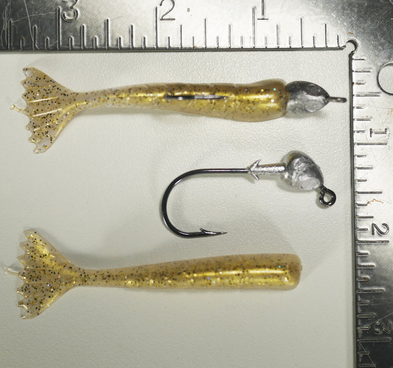1/4 oz - 3/0 FISH HEAD JIGHEAD (qty 5) + AATB / Esky 3" Soft Plastic Shrimp (qty 25) - GOLD