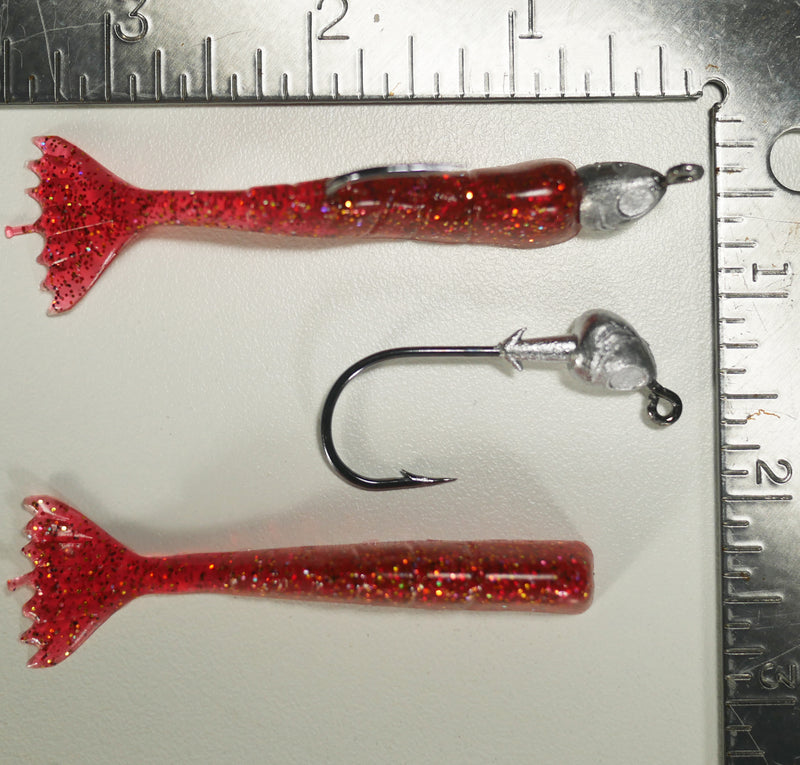 1/4 oz - 3/0 FISH HEAD JIGHEAD (qty 5) + AATB / Esky 3" Soft Plastic Shrimp (qty 25) - CRANBERRY