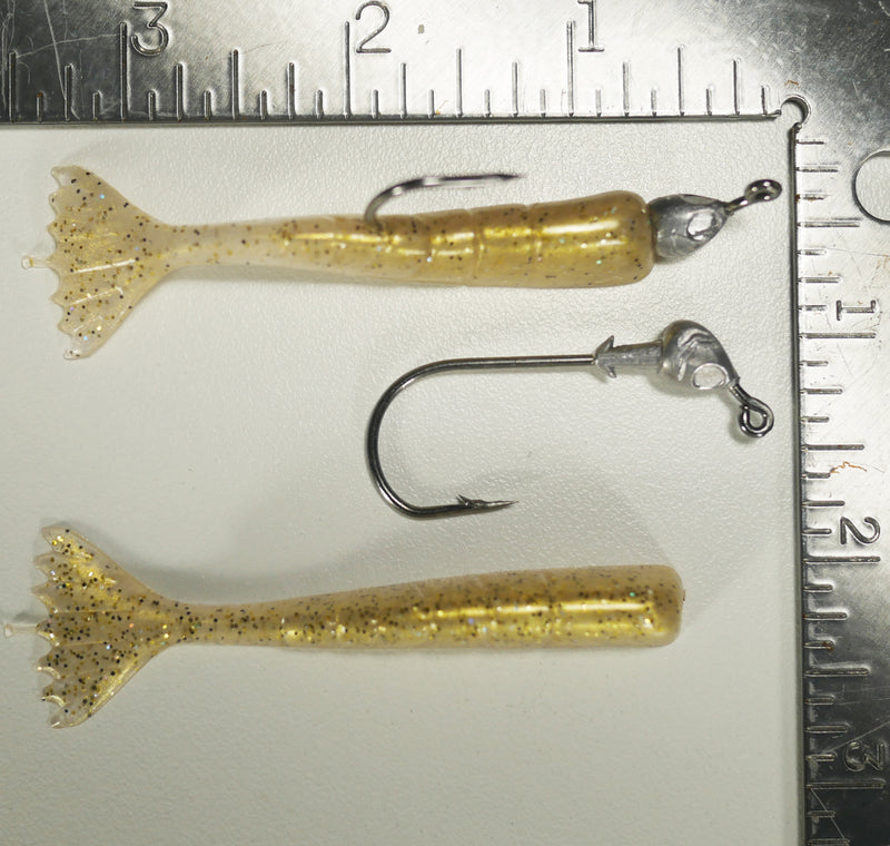 1/8 oz - 3/0 FISH HEAD JIGHEAD (qty 5) + AATB / Esky 3" Soft Plastic Shrimp (qty 25) - GOLD