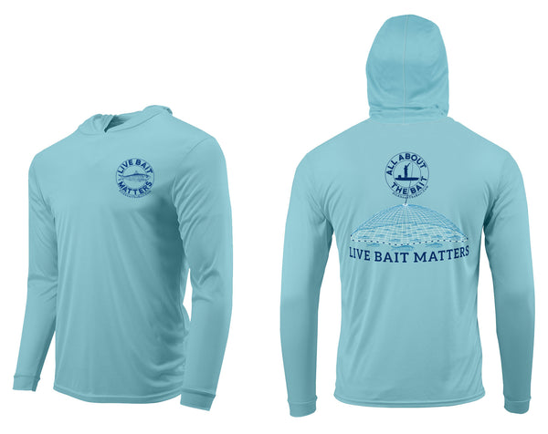 (BLEM) 3XL LIVE BAIT MATTERS HOODED - Aqua Blue - 50+ UPF - Long Sleeve Performance Shirt - 100% Polyester - FREE DELIVERY