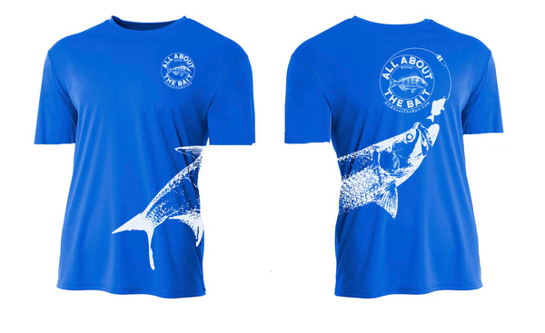 (4XL Only) Pinfish With Tarpon.  Royal Blue/White - 100% Micro Fiber Polyester Performance SHORT Sleeve Shirt (FREE SHIPPING)