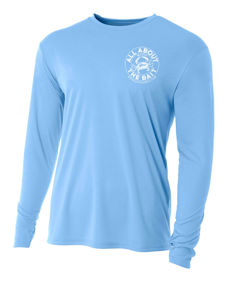 Blue Crab - Light Blue - 100% Micro Fiber Polyester Performance Long Sleeve Shirt (FREE SHIPPING) *4XL, 5XL, & 6XL SIZES ARE  PORT AND COMPANY 50/50 COTTON/POLYESTER BLEND.
