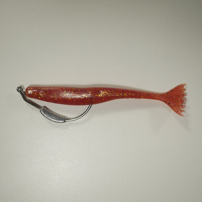 WEIGHTED HOOK RIGGING KIT (Qty 5) SHMINNOW (Shrimp/Minnow) 4" Soft Plastic Shrimp/Fluke (Qty 20) - CRANBERRY