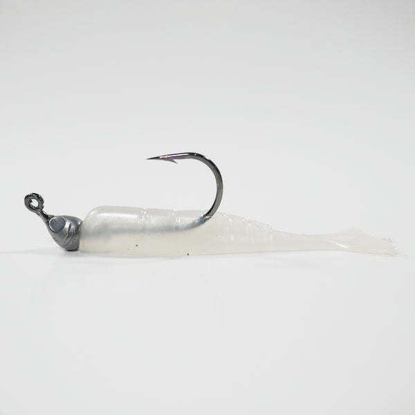 1/8 oz - 3/0 FISH HEAD JIGHEAD (qty 5) + AATB / Esky 3" Soft Plastic Shrimp (qty 25) - PEARL