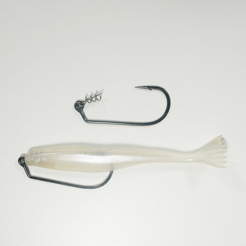 4/0 HEAVY DUTY RIGGING KIT (Qty 5) SHMINNOW (Shrimp/Minnow) 4" Soft Plastic Shrimp/Fluke (Qty 20) - PEARL