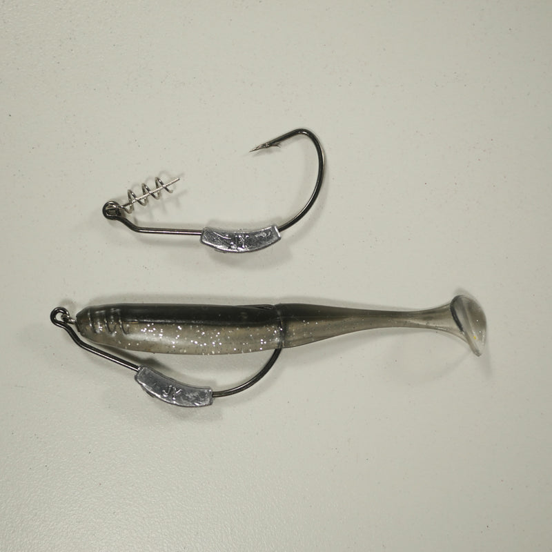 BLACK BACK SILVER/COMBO - 3" Paddletail Soft Plastic GLASS MINNOW/Shad (qty 40) + WEIGHTED HOOK (qty 5) COMBO PACK.  FREE SHIPPING.