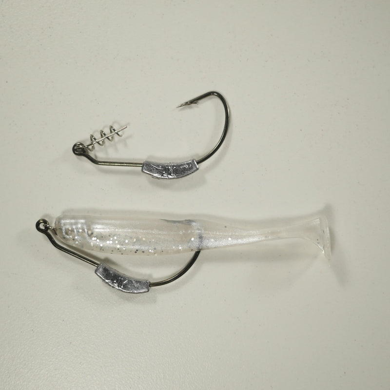 PEARL BACK SILVER/COMBO - 3" Paddletail Soft Plastic GLASS MINNOW/Shad (qty 40) + WEIGHTED HOOK (qty 5) COMBO PACK.  FREE SHIPPING.