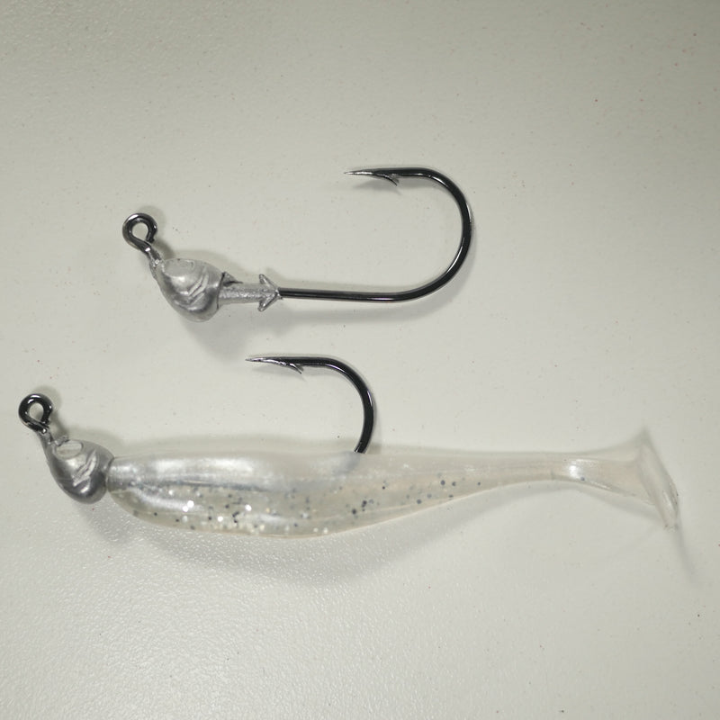 PEARL BACK SILVER/COMBO - 3" Paddletail Soft Plastic GLASS MINNOW/Shad (qty 40) + 1/8 oz AATB Jighead (qty 5) COMBO PACK.  FREE SHIPPING.